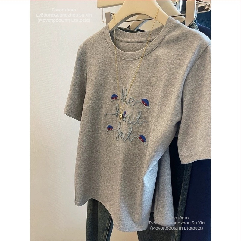 Γυναικείο βαμβακερό T-shirt με κέντημα, κοντά μανίκια, στρογγυλός λαιμός, φαρδιά Α-γραμμή, casual στυλ Ιαπωνίας-Κορέας, καλοκαίρι 2025