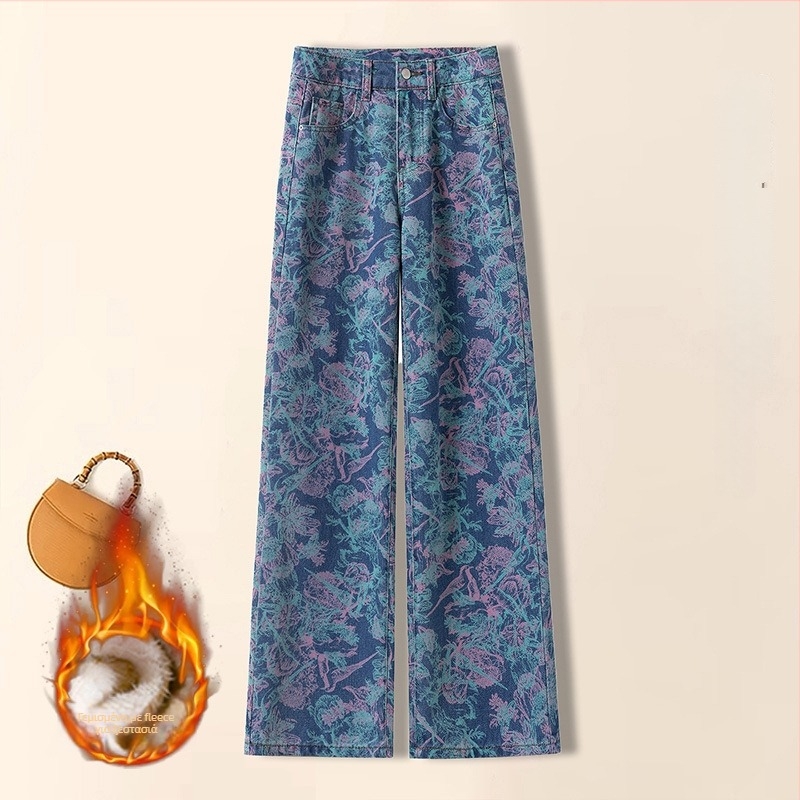 Τυπωμένες ντένιμ φαρδιές παντελόνες για γυναίκες, υψηλή μέση, μίξη βαμβάκι-ντένιμ, φθινόπωρο 2025