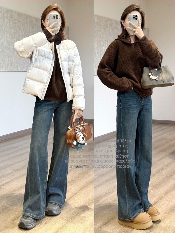 Τζιν από βαμβάκι με φλίς επένδυση, μικροελαστικότητα, χαλαρή γραμμή, ψηλόμεσα, κομψό αστικό στυλ