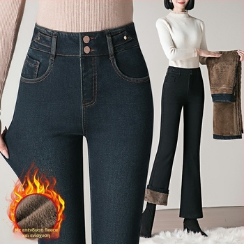 Τζιν παντελόνια με φλίς επένδυση για μεσήλικες μητέρές, υψηλή μέση, ελαστικότητα, ελαφρώς φαρδιά κάτω μέρος σε bootcut στυλ
