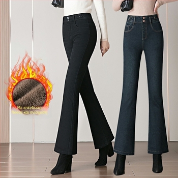 Τζιν παντελόνια με φλίς επένδυση για μεσήλικες μητέρές, υψηλή μέση, ελαστικότητα, ελαφρώς φαρδιά κάτω μέρος σε bootcut στυλ