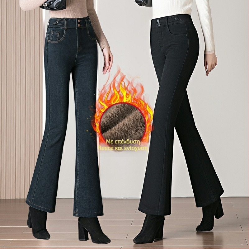 Τζιν παντελόνια με φλίς επένδυση για μεσήλικες μητέρές, υψηλή μέση, ελαστικότητα, ελαφρώς φαρδιά κάτω μέρος σε bootcut στυλ