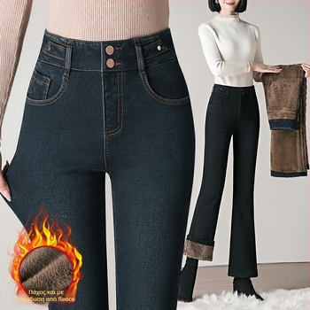 Τζιν παντελόνια με φλίς επένδυση για μεσήλικες μητέρές, υψηλή μέση, ελαστικότητα, ελαφρώς φαρδιά κάτω μέρος σε bootcut στυλ