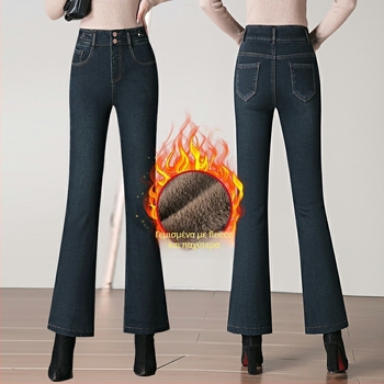 Τζιν παντελόνια με φλίς επένδυση για μεσήλικες μητέρές, υψηλή μέση, ελαστικότητα, ελαφρώς φαρδιά κάτω μέρος σε bootcut στυλ