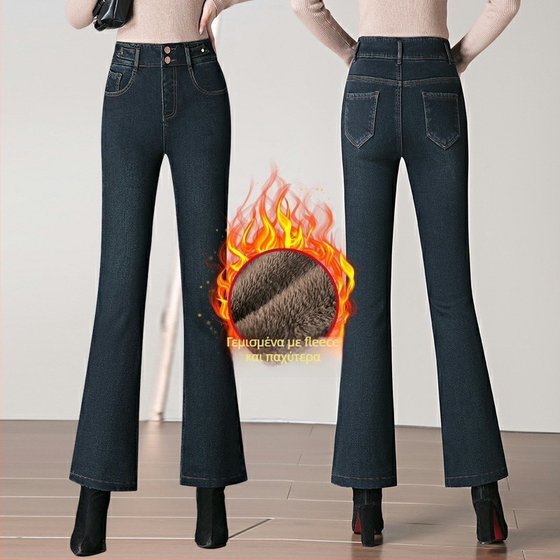 Τζιν παντελόνια με φλίς επένδυση για μεσήλικες μητέρές, υψηλή μέση, ελαστικότητα, ελαφρώς φαρδιά κάτω μέρος σε bootcut στυλ