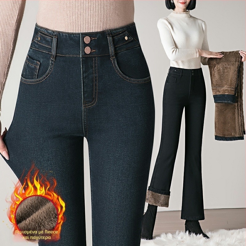 Τζιν παντελόνια με φλίς επένδυση για μεσήλικες μητέρές, υψηλή μέση, ελαστικότητα, ελαφρώς φαρδιά κάτω μέρος σε bootcut στυλ