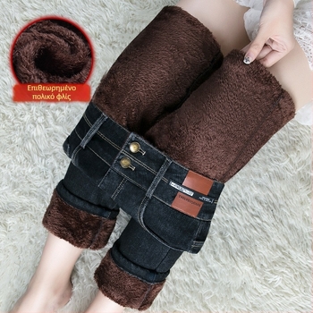 Γυναικείες τζίν από ντένιμ με ψηλή μέση και ευθεία γραμμή, εξαιρετικά παχιά για τον χειμώνα, 50–70% βαμβάκι και έως 30% πολυεστέρα