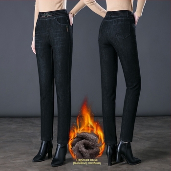 Τζιν με fleece επένδυση για γυναίκες, ψηλή μέση, ίσια γραμμή, denim από βαμβάκι-σπάντεξ, χειμώνας 2025