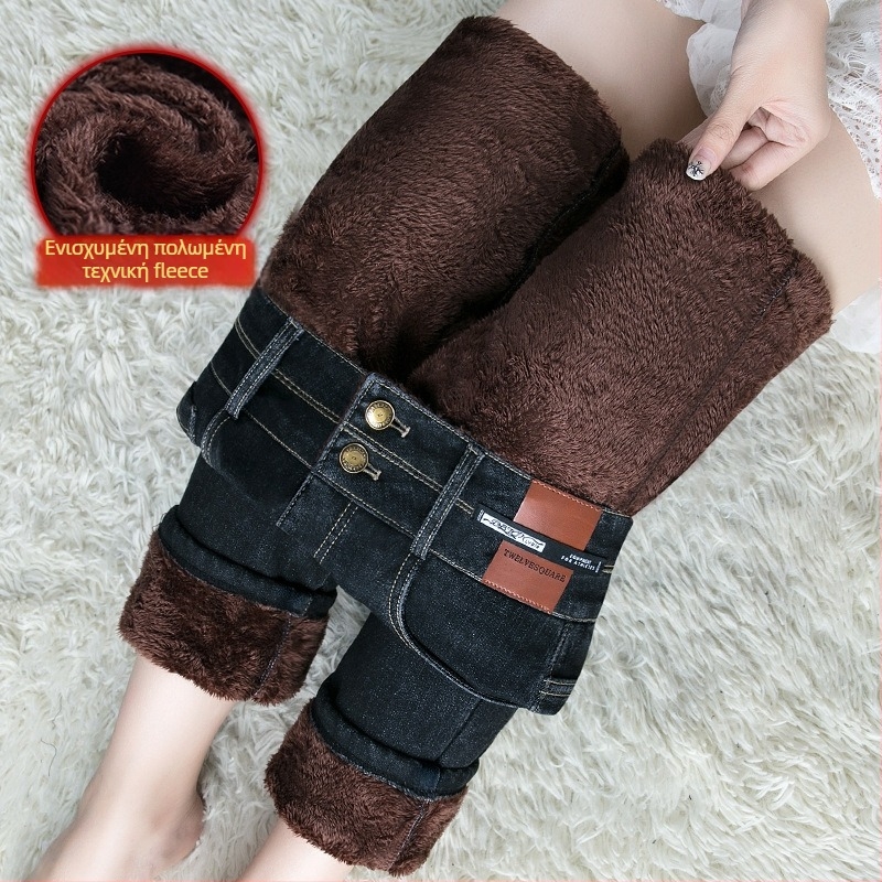 Γυναικείοι τζιν από ντενίμ με επένδυση φλίς, υψηλή μέση, ίσια γραμμή, ζεστά για τον χειμώνα