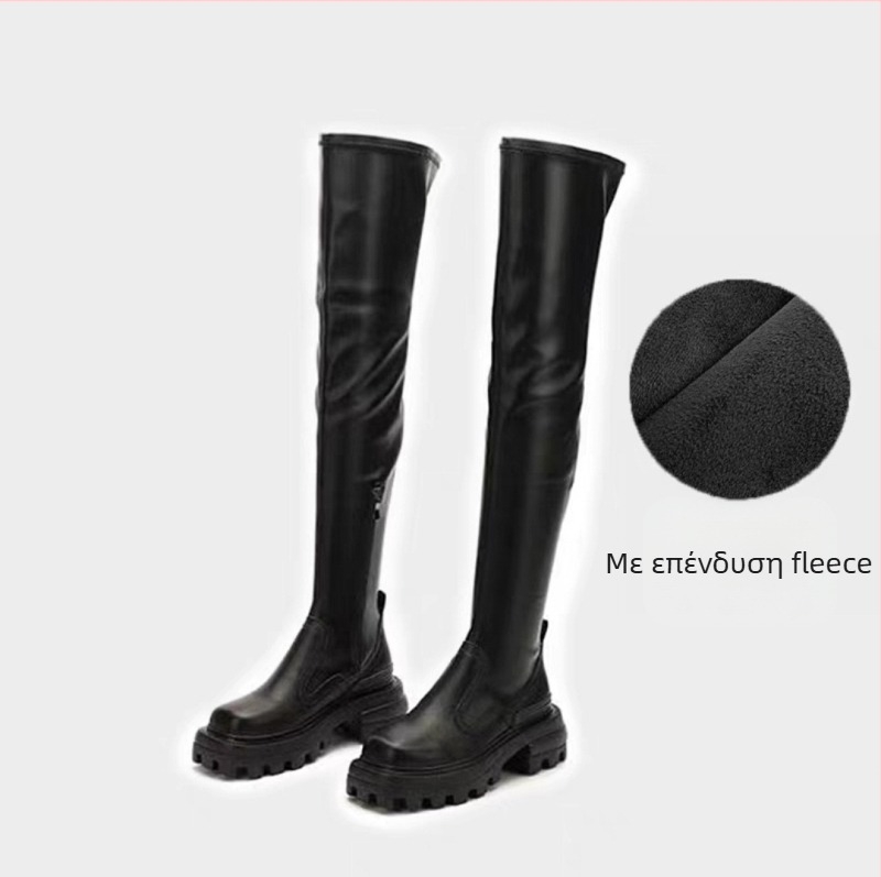 Μπότα πάνω από το γόνατο για γυναίκες, Sugar Series, microfiber επάνω μέρος, σόλα από καουτσούκ, φερμουάρ πλαϊνό, μεσαίο ύψος τακουνιού 3-5 cm, επένδυση γούνας προβάτου