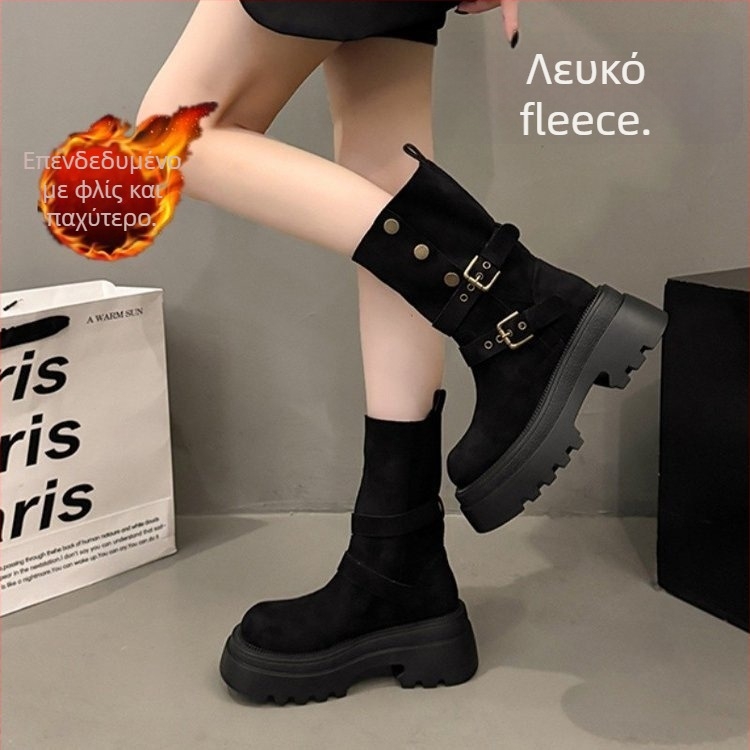 Γυναικείες suede μποτάκια τύπου Μαρτίν με αυξημένο ύψος, μέχρι τη μέση της γάμπας, ύψος τακουνιού 3–5 cm, κούμπωμα με αγκράμα