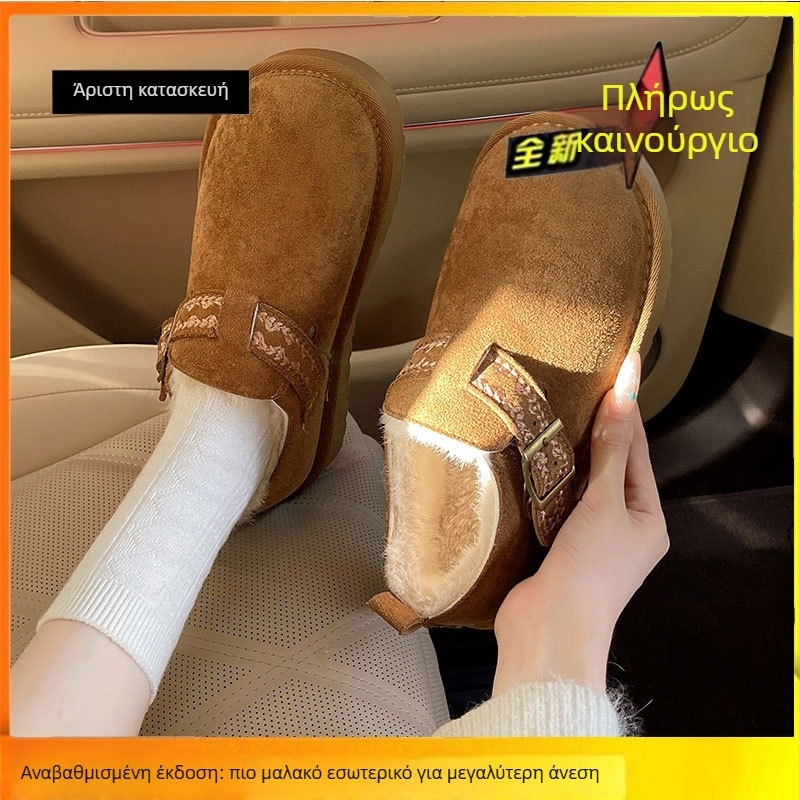 Γυναικεία δερμάτινα χειμερινά slip-on παπούτσια, με επένδυση φλίς, σόλα από καουτσούκ, χαμηλός ύψος, μεσαίο τακούνι 3-5 cm (φθινοπωρινό/χειμερινό)