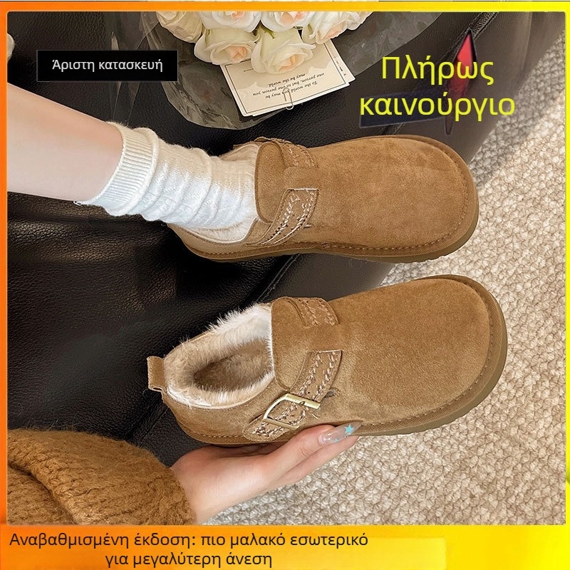 Γυναικεία δερμάτινα χειμερινά slip-on παπούτσια, με επένδυση φλίς, σόλα από καουτσούκ, χαμηλός ύψος, μεσαίο τακούνι 3-5 cm (φθινοπωρινό/χειμερινό)
