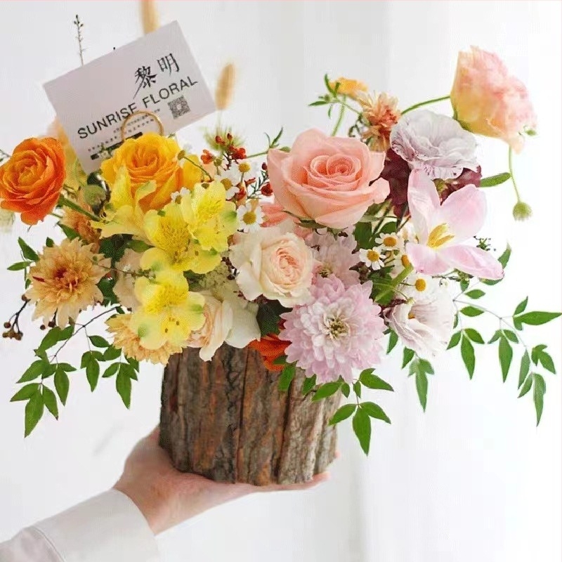 Χειροποίητο ξύλινο βαρέλι φλοιού για παχύφυτα, διακοσμητική γλάστρα με υφαντά ξύλινα στοιχεία