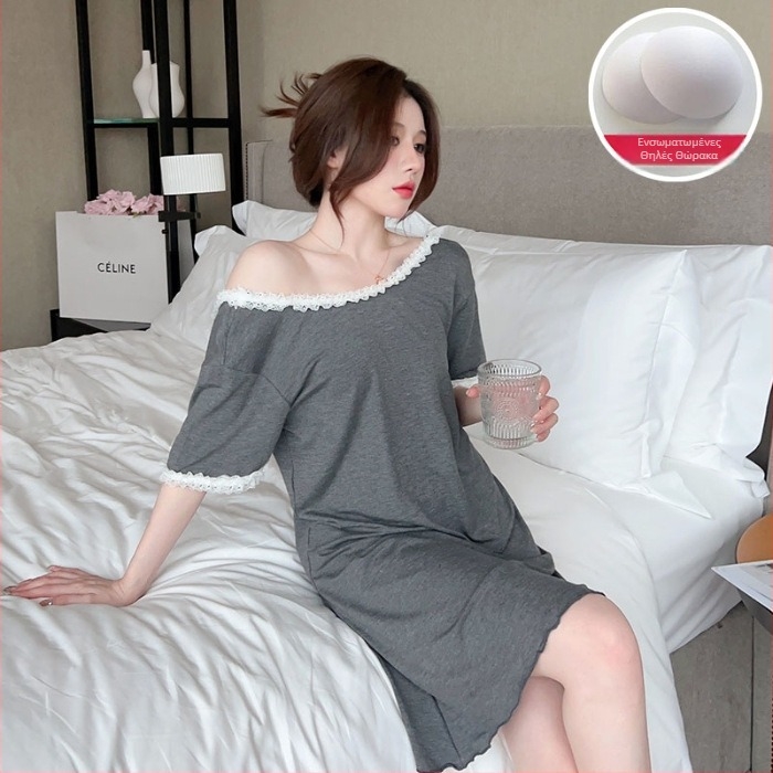 Νυχτικό από Modal με δαντέλα - sexy στυλ, μανίκια 3/4, λαιμόκοψη μονής γραμμής, μεσαίο μήκος φούστας, εξαιρετικά παχύ ύφασμα