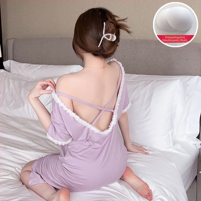 Νυχτικό από Modal με δαντέλα - sexy στυλ, μανίκια 3/4, λαιμόκοψη μονής γραμμής, μεσαίο μήκος φούστας, εξαιρετικά παχύ ύφασμα