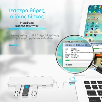 USB 3.0 OTG hub τεσσάρων θυρών, μεταφορά δεδομένων 5 Gbps, χωρίς εξωτερική τροφοδοσία
