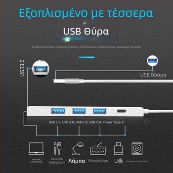 USB 3.0 OTG hub τεσσάρων θυρών, μεταφορά δεδομένων 5 Gbps, χωρίς εξωτερική τροφοδοσία