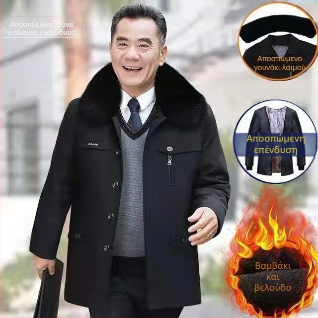 Ανδρικό χειμωνιάτικο μπουφάν από βαμβάκι με βελούδινη επένδυση και αποσπώμενα μανίκια, extra παχύ, χαλαρή γραμμή, μήκος μεσαίο-μακρύ, μπροστινό κούμπωμα μονόπορτο