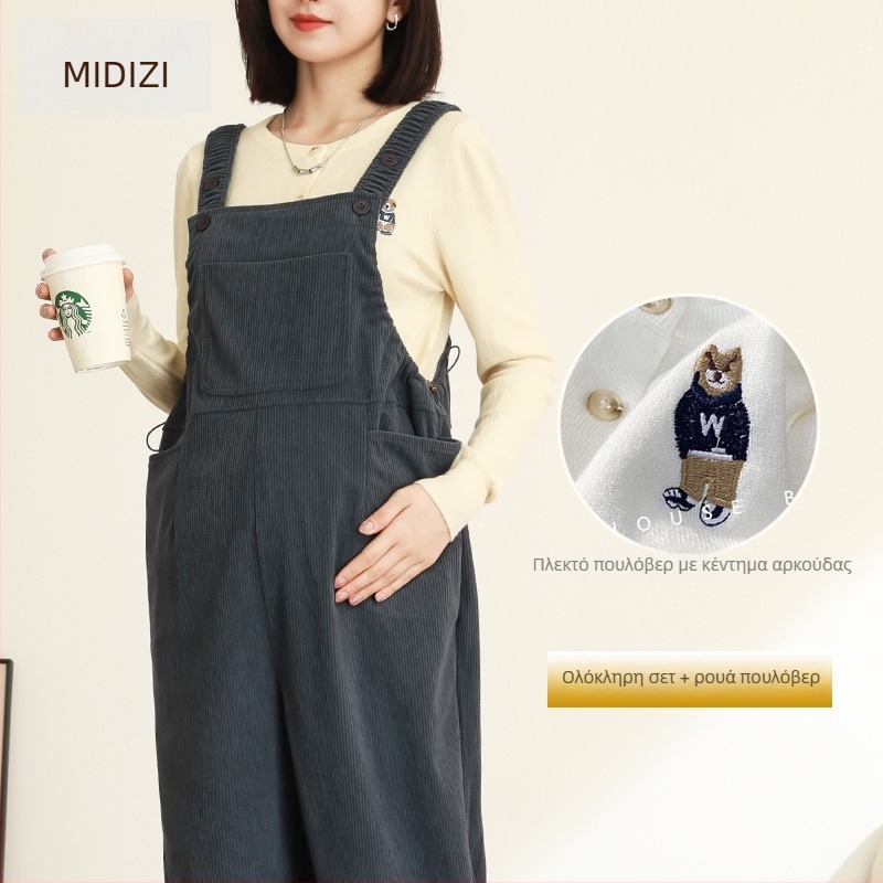 Corduroy γατζέρζόνες εγκυμοσύνης με στήριξη κοιλιάς, φαρδιά γραμμή, μικροελαστικότητα, πολυεστέρας 95%+