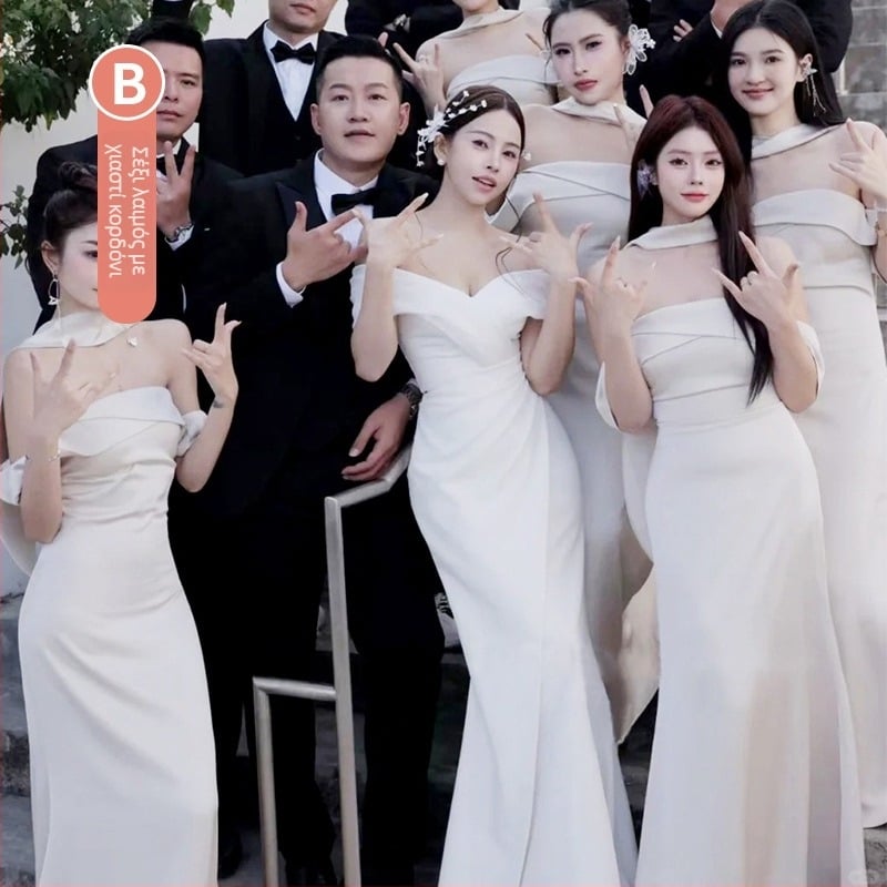 Φόρεμα παρανύμφων με έναν ώμο, halter λαιμό, στενός στη μέση, μακρύ σατέν φόρεμα, άνοιξη 2025