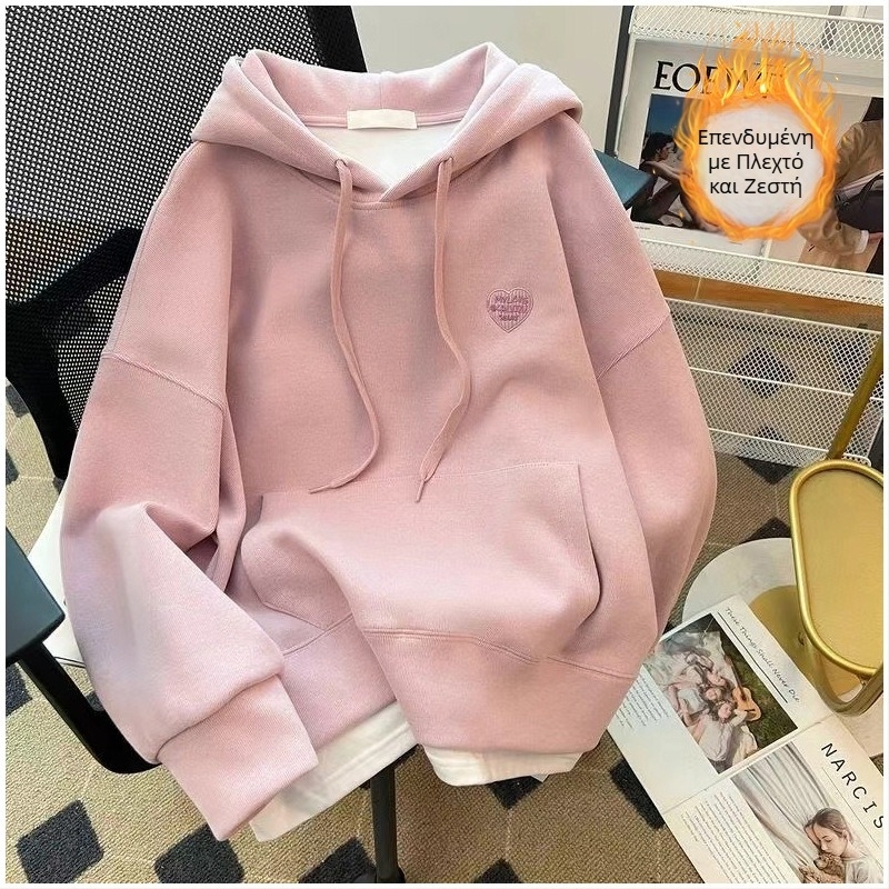 Γυναικείο φούτερ με κουκούλα και φλίς, κανονική εφαρμογή, μακριά μανίκια, ακρυλικό νήμα, φθινοπωρο 2024