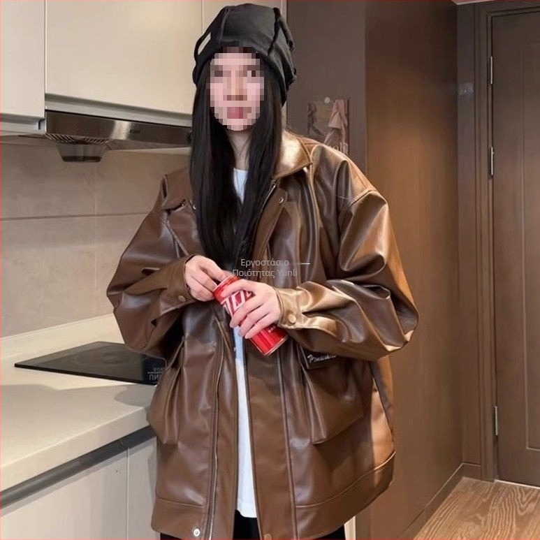 Qunzhuo Γυναικείο μπουφάν από συνθετικό δέρμα, χωρίς μανίκια, τετράγωνος γιακάς, φερμουάρ, στυλ βασίλισσας-αδελφής, Άνοιξη 2025