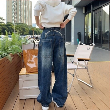 Γυναικείοι τζιν από ντένιμ, υψηλή μέση, φαρδιά γραμμή, παχιά ύφανση, χειμώνας 2025, 70-80% βαμβάκι, 20-30% πολυεστέρας