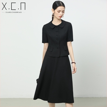 Γυναικείο επαγγελματικό σετ φούστας για γραφείο, Άνοιξη 2024, πολυεστέρας, φούστα μέσου μήκους, μανίκια 3/4, ετικέτα με γιακά, Auspicious Spring Bird