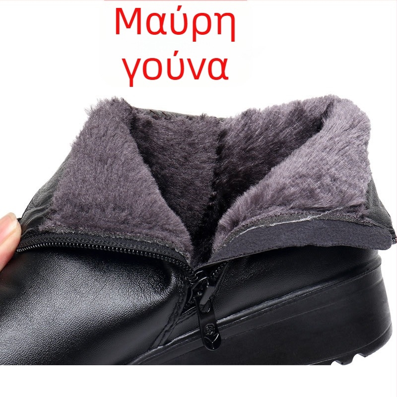 Χειμωνιάτικα γυναικεία μποτάκια με βαμβακερή επένδυση, χαμηλό τακούνι 1–3 cm, πλαϊνό φερμουάρ, επάνω μέρος από μικροϊνες και εσωτερική επένδυση από τεχνητό γούνα