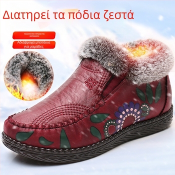 Γυναικεία χειμερινά παπούτσια από βαμβάκι με επάνω μέρος από μικροϊνες, σόλα PU, επένδυση με τεχνητή γούνα, αντιολισθητικά και αδιάβροχα, λουλουδάτος σχεδιασμός