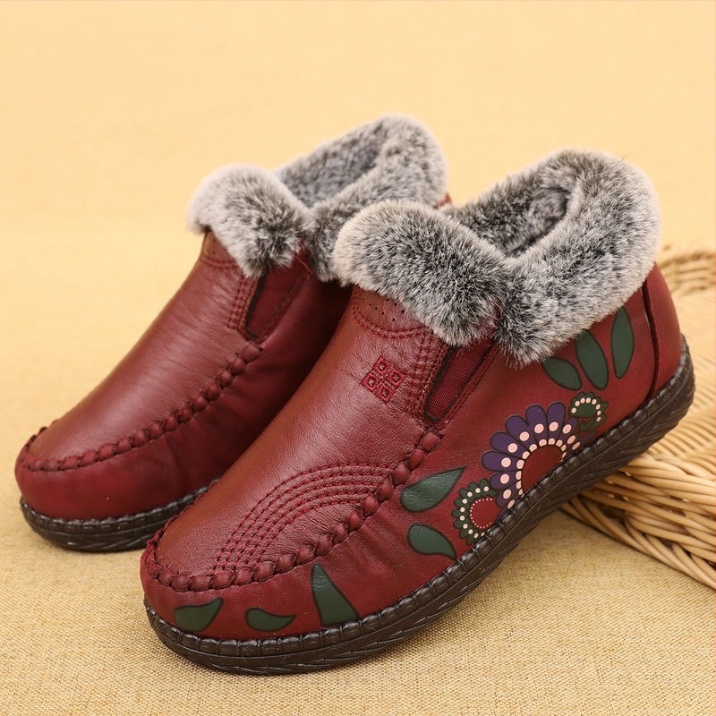 Γυναικεία χειμερινά παπούτσια από βαμβάκι με επάνω μέρος από μικροϊνες, σόλα PU, επένδυση με τεχνητή γούνα, αντιολισθητικά και αδιάβροχα, λουλουδάτος σχεδιασμός