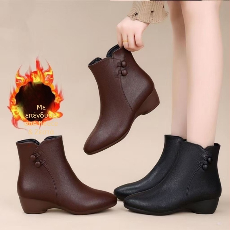 Χειμερινές γυναικείες μπότες από βαμβάκι με πλαϊνό φερμουάρ, επένδυση γούνας, σόλα από καουτσούκ και χαμηλό παχύ τακούνι