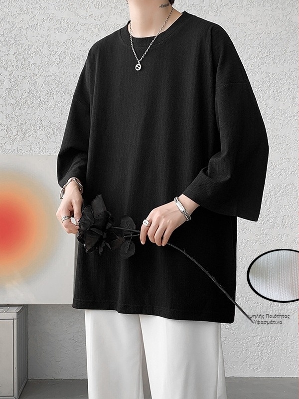 Ice Silk T-shirt, μανίκι 3/4, στρογγυλή λαιμοκόψη, φαρδιά γραμμή, καλοκαίρι