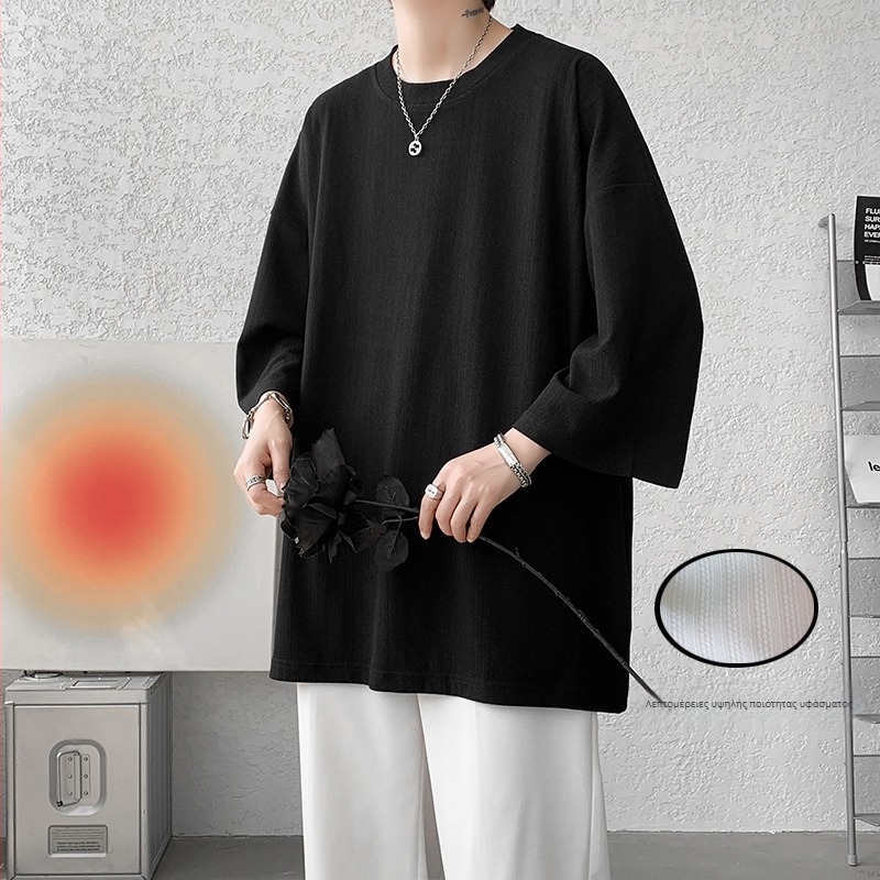 Ice Silk T-shirt, μανίκι 3/4, στρογγυλή λαιμοκόψη, φαρδιά γραμμή, καλοκαίρι