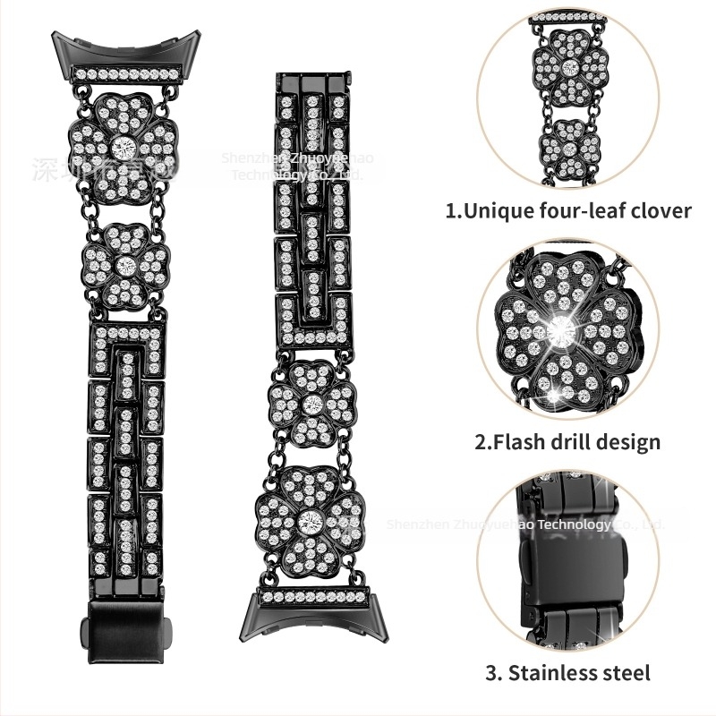 Μεταλλικό λουράκι για Google Pixel Watch με διακόσμηση τετραφύλλου με διαμάντια, 20 mm πλάτος συνδέσμου, 65 g βάρος, κυκλοφόρησε το 2025, μοντέρνο στυλ