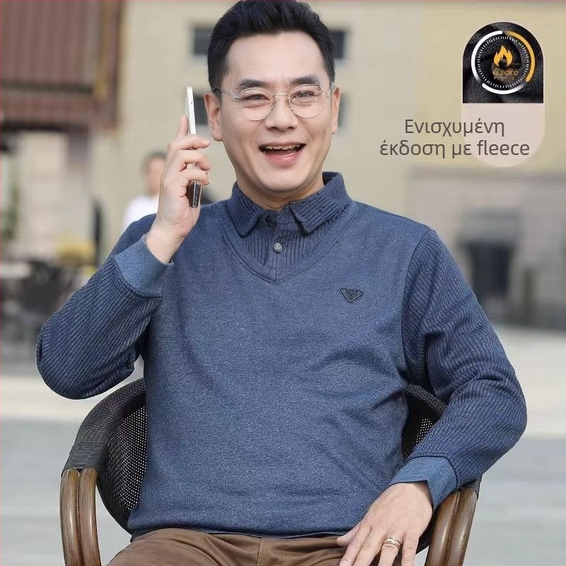 Ανδρικό χειμερινό πουλόβερ με επένδυση φλίς, κανονική γραμμή, μακριά μανίκια, λαιμός στρογγυλός με πέτο, μονόδρομο κουμπί εμπρός, 100% πολυεστέρας.