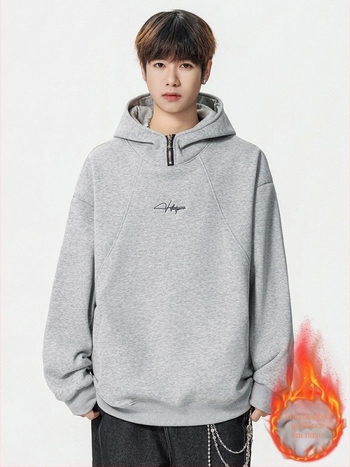 Κορεάτικου στιλ φούτερ με κουκούλα από φλίς, βαρύς και φαρδιά γραμμή, μακριά μανίκια, βαμβάκι 51–70%, ψηφιακή εκτύπωση και πλαϊνές τσέπες