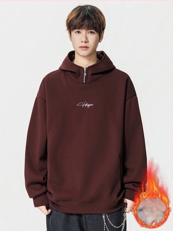 Κορεάτικου στιλ φούτερ με κουκούλα από φλίς, βαρύς και φαρδιά γραμμή, μακριά μανίκια, βαμβάκι 51–70%, ψηφιακή εκτύπωση και πλαϊνές τσέπες