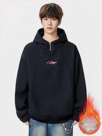 Κορεάτικου στιλ φούτερ με κουκούλα από φλίς, βαρύς και φαρδιά γραμμή, μακριά μανίκια, βαμβάκι 51–70%, ψηφιακή εκτύπωση και πλαϊνές τσέπες