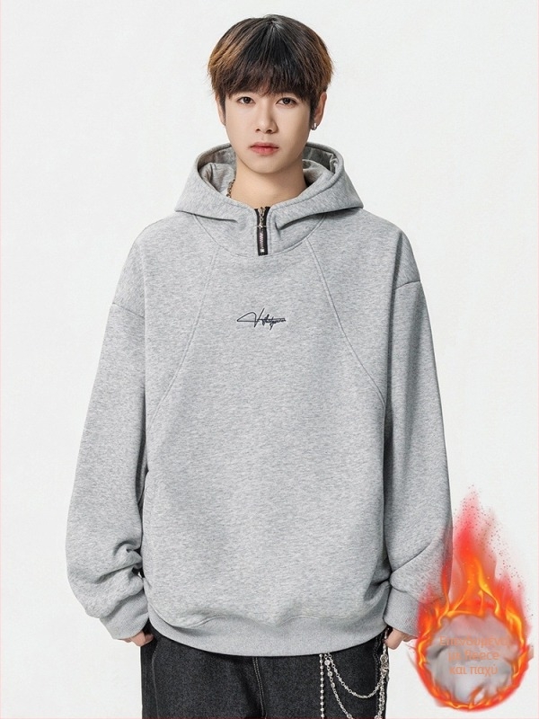 Κορεάτικου στιλ φούτερ με κουκούλα από φλίς, βαρύς και φαρδιά γραμμή, μακριά μανίκια, βαμβάκι 51–70%, ψηφιακή εκτύπωση και πλαϊνές τσέπες