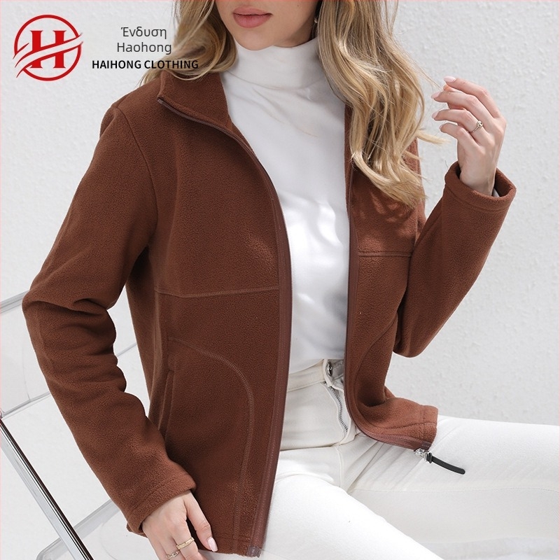 Γυναικείο cardigan φλις πολάρ με φερμουάρ, πέτο γιακά, βουρτσισμένο φινίρισμα, μακριά μανίκια