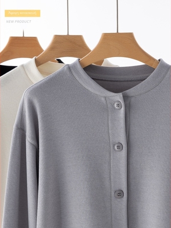 Γυναικείος cardigan σε ιαπωνοκορεατικό Leisure στυλ, χαλαρή γραμμή, μακριές μανίκες, στρογγυλός γιακά, ύφασμα βισκόζη