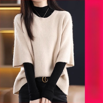 Γυναικείος φαρδιάς πλεκτός πουλόβερ από μείγμα μαλλιού-πολυεστέρα, μισό μανίκι, χωρίς γιακά, pull-over, μεσαίας βαρύτητας