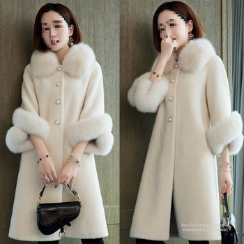 Γυναικείο μεσαίου μήκους παλτό από συνθετική γούνα, με γούνινο γιακά από γούνα αλεπούς, μακριά μανίκια