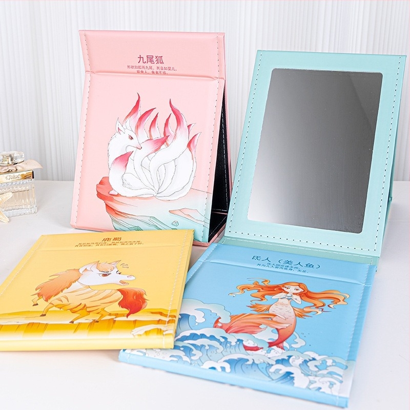 Επιτραπέζιος αναδιπλόμενος καθρέπτης μακιγιάζ σε στυλ πριγκίπισσας, Beauty Square, πλαίσιο PU/PS/PVC, ασημένιος καθρέφτης, δυνατότητα εκτύπωσης λογότυπου, κατάλληλο για σαλόνι ή υπνοδωμάτιο