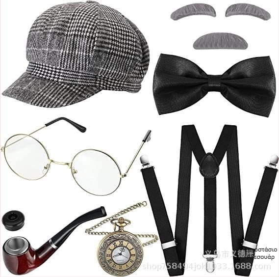 Σετ μακιγιάζ κοστουμιού: μπερέ, γυαλιά, ψεύτικα φρύδια, γενειάδα, ρολόι τσέπης και ιμάντες – ύφασμα, ράψιμο, χωρίς προσαρμογή