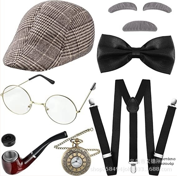 Σετ μακιγιάζ κοστουμιού: μπερέ, γυαλιά, ψεύτικα φρύδια, γενειάδα, ρολόι τσέπης και ιμάντες – ύφασμα, ράψιμο, χωρίς προσαρμογή