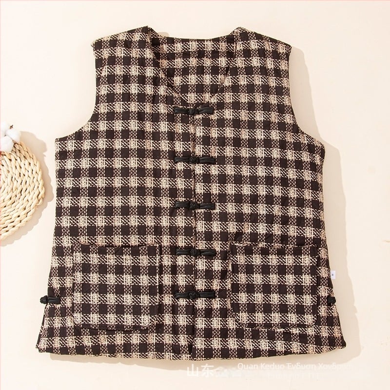 Γυναικείο βαμβακερό γιλέκο με Lycra, γέμισμα από βαμβάκι, βασικό ύφασμα από βαμβάκι, V-ντεκολτέ, καρό μοτίβο