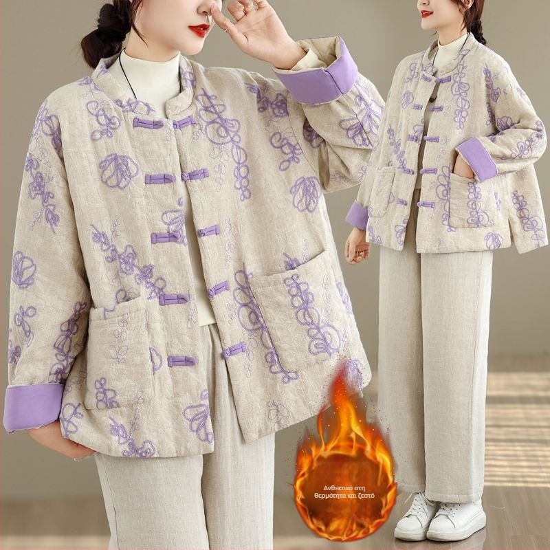 Μπουφάν καπιτονέ κινεζικού στυλ με κουμπιά, πολυεστέρας, παχιά επένδυση, φαρδιά γραμμή